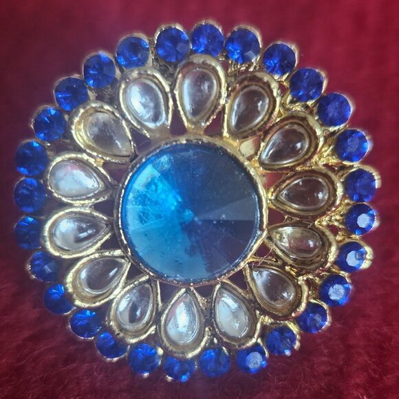 Blue and white stone gold ring bridal wedding kundan bollywood - Picture 2 of 3